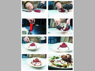 Подкопчённый тартар из оленины с можжевельником, ягелем и ягодами брусники