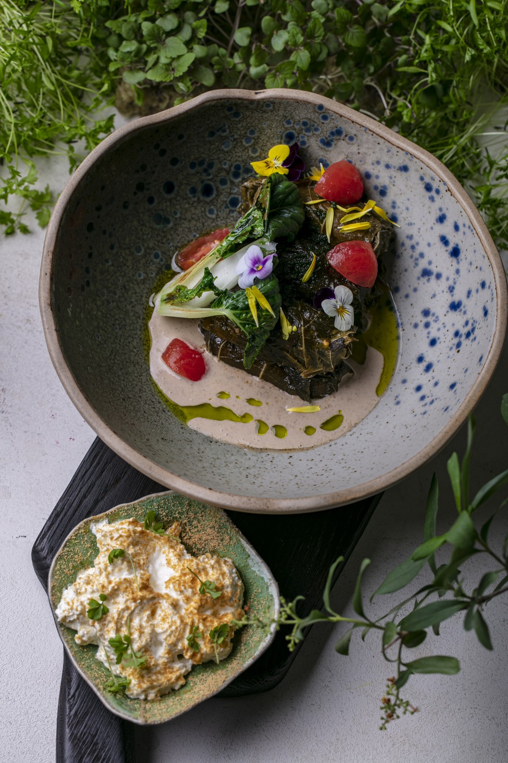 Мини долма из листьев смородины и винограда, кролик, ореховый соус 